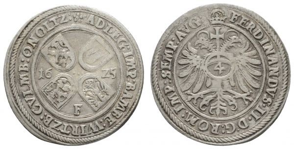 bis 1799 Fränkischer Reichskreis  4 Kreuzer (Batzen) 1625 Fürth Gemeinschaftsprägung der vier fränkischen Münzstände Bamberg, Würzburg, Brandenburg- Bayreuth und Brandenburg- Ansbach nach der Münzkonvention von Baiersdorf 1624, mit Titel Ferdinands II., Münzmeister Conrad Stutz, attraktives Exemplar  Krug 6 Slg. Wilm. 640 ex Sammlung Dr. med. Bruder 2.59 g. selten ss-vz