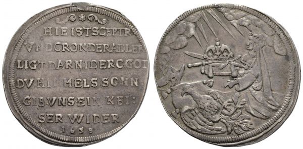 bis 1799 Frankfurt Stadt Taler 1658 Leopold I., Silbermedaille von 1658, medaillenförmig, unsigniert, auf seine Wahl und Krönung in Frankfurt  Förschner 76 Mont. 190 Kat. Jul. 65 22.21 g. ss