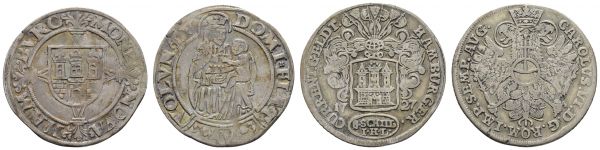 bis 1799 Hamburg Stadt Doppelschilling 1553 Münzmeister Johann von Collen, leichte Prägeschwäche, 3.11 g, irisierende Patina, dazu 8 Schilling 1727 in ss+, 5.16 g, beide mit alten Sammlungszettelchen  Gaed. 796 selten in dieser Erhaltung ss-vz