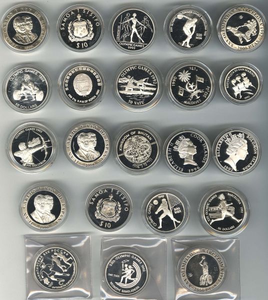 Thematik Olympische Spiele  Sammlung von 34 Silbermünzen vorwiegend zur Thematik Olympiade, aus Abo-Bezug, alle PP