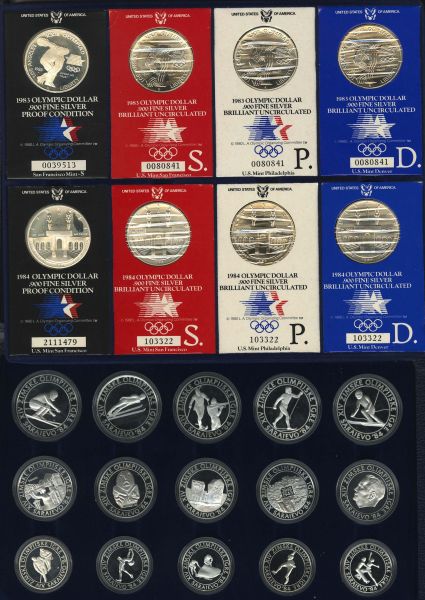 Thematik Olympische Spiele  Los Angeles und Sarajevo, 8x Silberdollar USA und die 15 Silbermünzen Jugoslawien