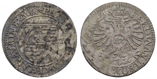 bis 1799 Hanau-Münzenberg Katharina Belgica, Vormünderin für Philipp Moritz, 1612-1626 12 Kreuzer 1619 mit Titel Philipp Moritz und Kaiser Ferdinand II., mit altem Sammlungszettelchen  K.M. 39 3.41 g. sehr selten in dieser Erhaltung vz