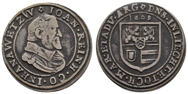 bis 1799 Hanau-Lichtenberg Johann Reinhard, 1599-1625 ¼ Taler = Teston 1609 Wörth an der Sauer Av.: geharnischtes Brustbild nach rechts, Rv.: Jahreszahl über vierfeldigem Wappen mit Mittelschild, mit altem Sammlungszettelchen  Suchier vergl. 303 7.83 g. ss