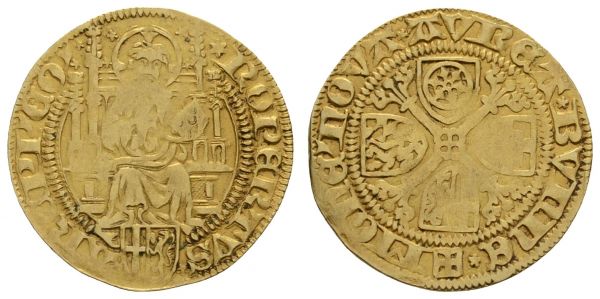 bis 1799 Köln Ruprecht, Pfalzgraf bei Rhein, 1463-1486 Goldgulden ohne Jahr (1469) Bonn mit Titel Archiepiscopus, Av.: Christus thront in gotischem Gestühl von vorn, unten Wappen von Köln/Pfalz, Rv.: in den Winkeln eines Blumenkreuzes die Wappen von Köln/Pfalz, Pfalz/Bayern, Trier/Baden und Mainz  Noss 433 Fried. 800 Felke 1468 3.35 g. ss