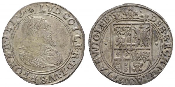 bis 1799 Leiningen-Westerburg Ludwig, 1597-1622 ¼ Taler = Dicken oder Sechsbätzner ohne Jahr Grünstadt Av.: Brustbild nach rechts, Rv.: breites Wappen in doppelter Einfassung, in den Feldern rechts und links je nur ein Punkt, Prachtstück mit feiner Tönung und altem Sammlungszettelchen  Joseph 47 6.43 g. sehr selten, vor allem in dieser Erhaltung vz+