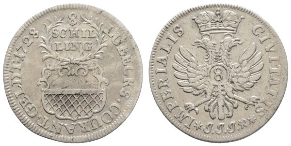 bis 1799 Lübeck Stadt 8 Schilling 1728 Münzmeister Johann Justus Jaster, mit altem Sammlungszettelchen  Behrens 314 b J. 7 5.22 g. selten in dieser Erhaltung vz