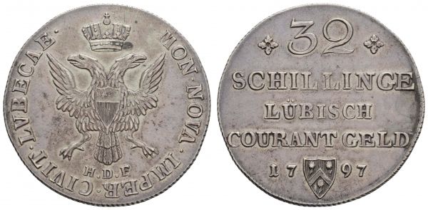 bis 1799 Lübeck Stadt 32 Schilling 1797  Behrens 303 Dav. 2943 J. 31 K.M. 199 18.28 g. selten in dieser Erhaltung vz