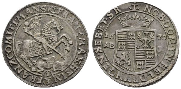 bis 1799 Mansfeld-vorderortische Linie zu Bornstedt Franz Maximilian und Heinrich Franz, 1644-1692 1/3 Taler 1672 Eisleben mit altem Sammlungszettelchen  Tornau 311 9.68 g. selten in dieser Erhaltung ss-vz