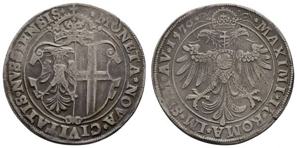 bis 1799 Neuss Stadt Taler 1570 Av.: bekröntes Stadtwappen von Neuss, * MONETA * NOVA * CIVITATIS * NVSSIENSIS *, Rv.: bekrönter und nimbierter Doppeladler mit Reichsapfel auf der Brust, * MAXIMI * II * ROMA * LM * SEM * AV * 1570 *, kleiner Schrötlingsfehler, feines Stück  Noss 58 Dav. 9595 ex Münzzentrum Rheinland, Solingen 28.52 g. ss