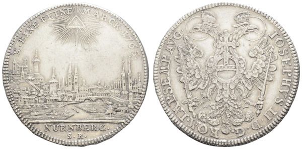 bis 1799 Nürnberg Joseph II., 1765-1790 Konventionstaler 1765 Münzmeister Georg Nikolaus Riedner, Wardein Sigmund Scholz, Av.: strahlendes Auge Gottes über Stadtansicht von Westen, Rv.: Doppeladler mit Reichsapfel auf der Brust und Titel Joseph II., Randschrift, Felder altgeglättet, min. korr.  Dav. 2454 Kellner 344 b Slg. Erlanger 759 28.96 g. ss-vz