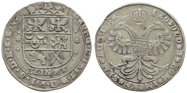 bis 1799 Ostfriesland Georg Christian, 1660-1665 1/3 Taler ohne Jahr Esens Av.: gekrönter sechsfeldiger Wappenschild, Rv.: gekrönter Doppeladler und Titel des Kaisers Leopold, mit altem Sammlungszettelchen  Knyphausen 6506 11.45 g. selten ss-vz