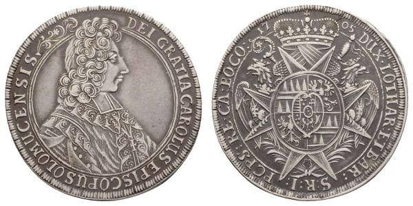 bis 1799 Olmütz Karl III. von Lothringen, 1695-1710 Taler 1705 Kremsier (Kromeríž) Av.: Brustbild des Bischofs nach rechts im Ornat, Rv.: quadriertes Wappen mit Mittelschild auf gekröntem Ordensstern mit Haltern  Dav. 1209 Such./Vide. 575 Lich./May. 352 28.33 g. vz