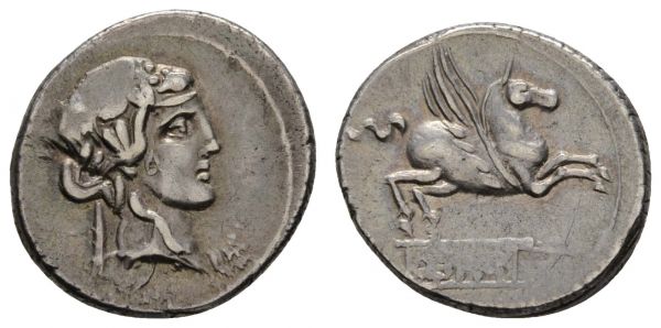 Römer Republik Q.Titus, 90 v.u.Z AR Denar Rom Av.: Kopf des Liber mit Efeukranz, Rv.: Pegasus, Prägeschwäche  Cr. 341/2 Syd. 692 4.03 g. ss
