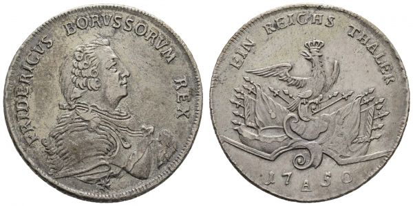 bis 1799 Preußen Friedrich II. der Große, 1740-1786 Taler 1750 Berlin ohne Buchstaben im Armabschnitt, mit altem Sammlungszettelchen  Olding 13 a Kluge 66.1 21.92 g. selten in dieser Erhaltung ss-vz