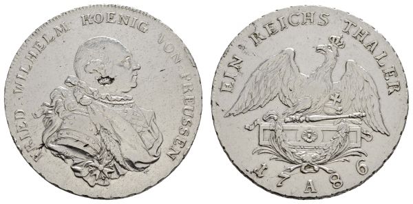 bis 1799 Preußen Friedrich Wilhelm II., 1786-1797 Taler 1786 Berlin Schrötlingsfehler, berieben, 1. Jahr der Regentschaft  Dav. 2597 Olding 1 J. 23 v. Schrötter 27 22.02 g. ss+