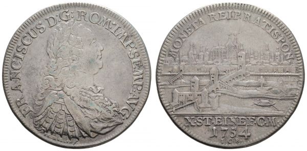 bis 1799 Regensburg Reichsstadt Taler 1754 mit Titel Franz I., entfernter Henkel  Dav. 2618 Beckenbauer 7101 27.48 g. ss