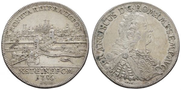 bis 1799 Regensburg Reichsstadt Taler 1756 mit Titel und Portrait von Franz I., Laubrand mit I - C - B, feines Exemplar  Dav. 2618 Beckenbauer 7103 ex Sammlung Dr. med. Bruder 28.01 g. selten in dieser Erhaltung vz-