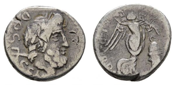 Römer Republik L. Rubrius Dossenus, 87 v.u.Z. AR Quinar Av.: Kopf des Neptune nach rechts, dahinter DOSSEN, Rv.: Victoria, dazu 3 Republik-Denare  Cr. 348/4 1.58 g. ss
