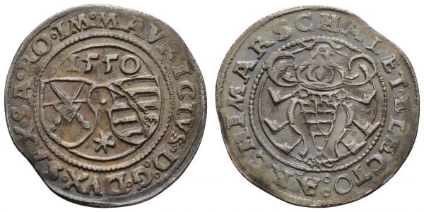 bis 1799 Sachsen Moritz, 1547-1553 ¼ Taler 1550 Freiberg feine irisierende Tönung, mit altem Sammlungszettelchen, kleines Zainende  Keilitz/Kahnt 17 Merseb. 624 Kohl 6 7.08 g. selten in dieser Erhaltung ss-vz