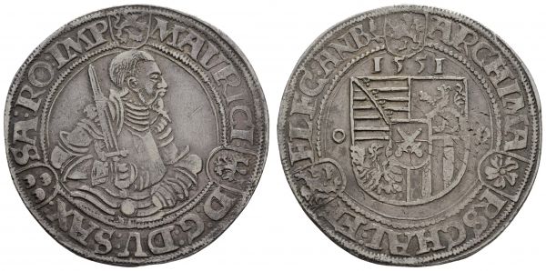 bis 1799 Sachsen Moritz, 1547-1553 Taler 1551 Annaberg mit "MAVRICI" in der Vorderseitenumschrift  Dav. 9787 Keilitz/Kahnt 10 Schnee 689 28.79 g. ss-vz