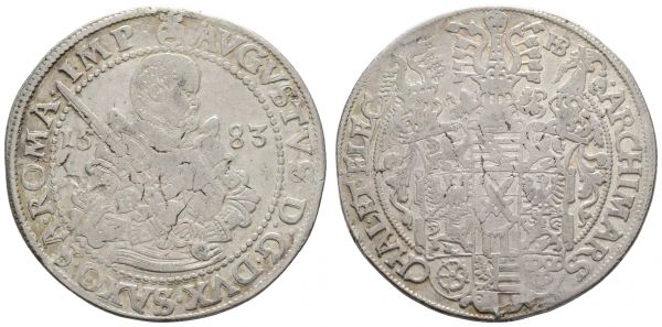 bis 1799 Sachsen August, 1553-1586 Taler 1583 Dresden Av.: Hüftbild Augusts mit Schwert über der Schulter im Harnisch zwischen geteilter Jahreszahl nach rechts, Rv.: Wappen unter Helm mit Helmzier, unruhiger Schrötling  Dav. 9798 Kei./Kah. 68 Schnee 725 ex Sammlung Dr. med. Bruder 28.77 g. ss-vz