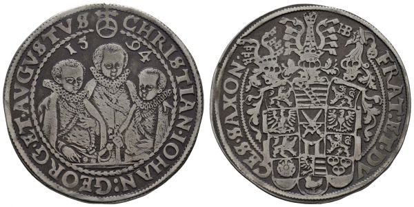 bis 1799 Sachsen Christian II., Johann Georg I. und August, 1591-1611 Taler 1594 Dresden feine Patina  Dav. 9820 Kei./Kah. 186 Schnee 754 28.77 g. ss-vz