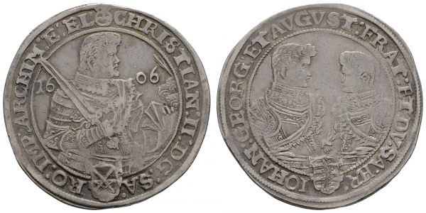 bis 1799 Sachsen Christian II., Johann Georg I. und August, 1591-1611 Reichstaler 1606 Dresden Av.: Hüftbild Christian II. nach rechts, Rv.: Hüftbilder Johann Georg I. und August einander zugewandt über Wappen  Dav. 7566 Kei./Kah. 228 Schnee 767 28.77 g. ss