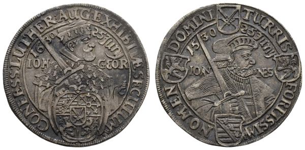 bis 1799 Sachsen Johann Georg I., 1615-1656 ¼ Taler 1630 Dresden auf die 100-Jahrfeier der Übergabe der Augsburger Konfession, Schwertspitze zeigt auf H von LUTHER, Hand berührt den Perlkreis, dunkel getöntes und fast vorzügliches Prachtexemplar, mit altem Sammlungszettelchen  Kohl 211 Slg. Merseburger 1067 C./K. 236 a Slg. Whiting 114 Brozatus 726 7.22 g. selten in dieser Erhaltung vz-