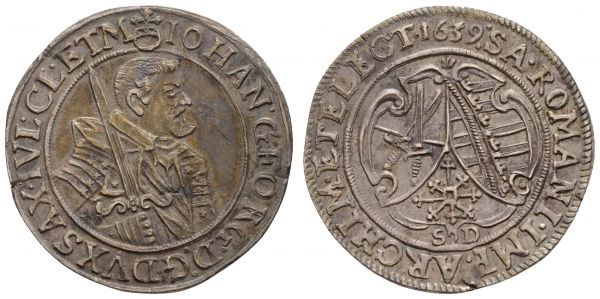 bis 1799 Sachsen Johann Georg I., 1615-1656 ¼ Taler 1639 Dresden Av.: geharnischtes Brustbild mit Kurschwert nach rechts, Rv.: dreifeldiges Wappen unter Jahr, Schrötlingsfehler, Kratzer, irisierende Tönung, mit altem Sammlungszettelchen  Kohl 168 C./K. 196 7.21 g. selten in dieser Erhaltung vz-