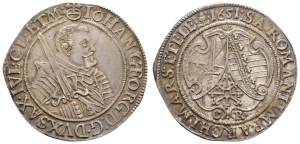 bis 1799 Sachsen Johann Georg I., 1615-1656 ¼ Taler 1651 Dresden Av.: geharnischtes Brustbild mit Kurschwert nach rechts, Rv.: dreifeldiges Wappen unter Jahr, irisierende Tönung, mit altem Sammlungszettelchen  Kohl 169 C./K. 198 7.25 g. selten, vor allem in dieser Erhaltung vz-