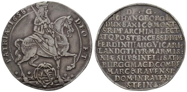 bis 1799 Sachsen Johann Georg II., 1656-1680 Taler 1658 Dresden auf das Vikariat, Av.: Kurfürst im Kurornat auf Blumenwiese nach rechts reitend, mit der Rechten das Kurschwert geschultert, darunter kursächsisches Wappen, Rv.: zwölfzeilige Inschrift, Münzzeichen Eichel am Ende der letzten Zeile, feine Tönung  Dav. 7630 Schnee 901 C/K 492 28.74 g. ss-vz