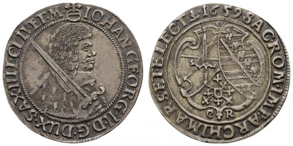 bis 1799 Sachsen Johann Georg II., 1656-1680 ¼ Taler 1659 Dresden Av.: Brustbild mit umgelegtem Hermelin und Kurschwert nach rechts, Rv.: dreifeldiges Wappen unter Jahr, feine Tönung, mit altem Sammlungszettelchen  Slg. Merseburger 1192 Kohl 240 C/K 420 7.26 g. selten in dieser Erhaltung vz-