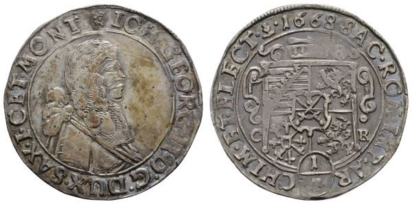 bis 1799 Sachsen Johann Georg II., 1656-1680 1/3 Taler 1668 Dresden Av.: Brustbild nach rechts, Rv.: fünffeldiges Wappen unter Jahr und über Wert, Schrötlingsfehler, Doppelschlag, irisierende Tönung, mit altem Sammlungszettelchen  Slg. Merseburger 1195 Kohl 230 C/K 415 9.36 g. ss-vz