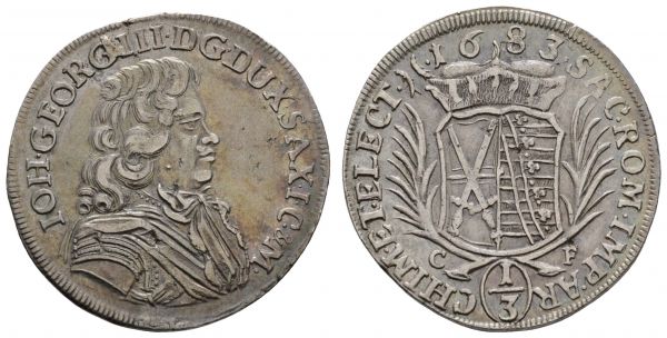 bis 1799 Sachsen Johann Georg III., 1680-1691 1/3 Taler 1683 Dresden Av.: Brustbild nach rechts, Rv.: zweifeldiges Wappen mit Kurhut und Palmzweigen unter Jahr und über Wert, irisierende Tönung, mit altem Sammlungszettelchen  Clauss/Kahnt 598 Kohl 284 7.73 g. selten, vor allem in dieser Erhaltung ss-vz