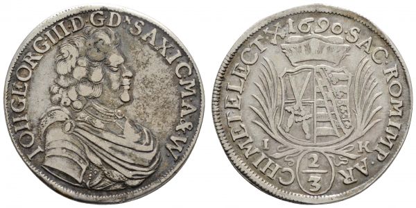 bis 1799 Sachsen Johann Georg III., 1680-1691 2/3 Taler 1690 Dresden Av.: Brustbild nach rechts, in der Umschrift Dx und die Titel von Engern und Westphalen, Rv.: zweifeldiges Wappen mit Kurhut und Palmzweigen unter Jahr und über Wert, mit altem Sammlungszettelchen  Dav. 810 Clauss/Kahnt 592 b Kohl 282 15.17 g. ss+