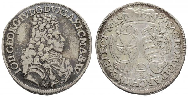 bis 1799 Sachsen Johann Georg IV., 1691-1694 2/3 Taler 1693 Dresden mit altem Sammlungszettelchen  Dav. 813 C./K. 663 16.59 g. ss