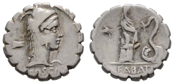 Römer Republik L. Roscius Fabatus, 64 v.u.Z. AR Denar Rom Av.: Kopf der Juno Sospita mit Ziegenhaube nach rechts, Rv.: Frau füttert Schlange, dahinter Symbol, im Abschnitt FABAT  Craw. 412/1 Syd. 915 3.94 g. ss
