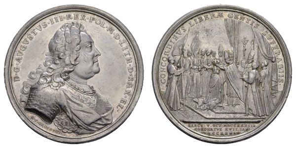 bis 1799 Sachsen Friedrich August II., 1733-1763 1734 Silbermedaille von H. P. Großkurt, auf seine Krönung zum König von Polen, Av.: Geharnischtes Brustbild r. mit umgelegtem Mantel, Rv.: Krönungsszene: Der Bischof von Posen krönt den vor ihm knienden König, umher verschiedene Personen und Angehörige des Hochadels  Slg. Merseburger 1676 58.61 g. vz