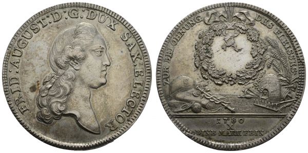 bis 1799 Sachsen Friedrich August III., 1763-1806 Taler 1780 Dresden Zur Belohnung des Fleißes, sogenannter Fleißtaler, hübsche Patina, kleine Kratzer  Dav. 2693 Kahnt 1171 Schnee 1083 Slg. Merseburger 1954 Buck 167 28.00 g. Von großer Seltenheit, nur 57 Exemplare geprägt vz-st