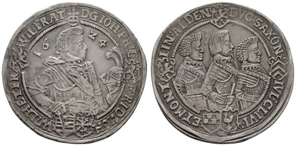 bis 1799 Sachsen-Altenburg, Herzogtum Johann Philipp, Friedrich, Johann Wilhelm und Friedrich Wilhelm II., 1603-1625 Taler 1624 Saalfeld Revers-Legende endet auf ALDEN  Dav. 7371 Kernbach 6.2 b Schnee 278 28.66 g. ss-vz