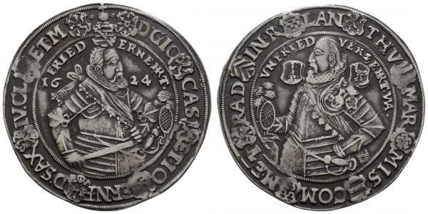 bis 1799 Sachsen-Coburg-Eisenach Johann Casimir und Johann Ernst, 1572-1633 Taler 1624 Saalfeld sogenannter Spruch- oder Eintrachtstaler, Av.: Hüftbild Johann Casimirs nach rechts, Rv.: Hüftbild Johann Ernsts zwischen den Wappen von Römhild und Henneberg nach links, feine Patina  Dav. 7431 Schnee 190 Grasser 202 28.94 g. selten in dieser Erhaltung vz-