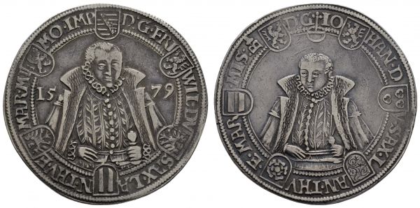 bis 1799 Sachsen Weimar Friedrich Wilhelm und Johann, 1573-1603 Reichstaler 1579 Saalfeld  Dav. 9768 Mers. 3740 Koppe 25 Schnee 234 28.81 g. ss-vz