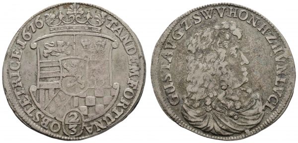 bis 1799 Sayn-Wittgenstein-Hohenstein, Grafschaft Gustav, 1657-1701 2/3 Taler = Gulden 1676 Av.: drapierte Büste mit Allongeperücke nach rechts, Rv.: bekröntes Wappen über Wertzahl, mit altem Sammlungszettelchen  Dav. 917 17.32 g. ss