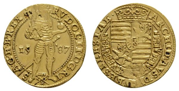 bis 1799 Schlesien Das Herzogtum Schlesien unter böhmischer Lehenshoheit, Rudolf II. 1576-1612 Dukat 1587 Breslau Münzmeister Dietrich Busch, Av.: gekrönter Kaiser mit gegürtetem Schwert nach rechts stehend, mit der Rechten das Zepter schulternd, in der Linken Reichsapfel, Rv.: gekröntes, vierfeldiges Wappen mit dem schlesischen Adler als Mittelschild, entfernter Henkel  Friedb. vgl. 79 F.u.S. vgl. 67 3.40 g. von großer Seltenheit ss