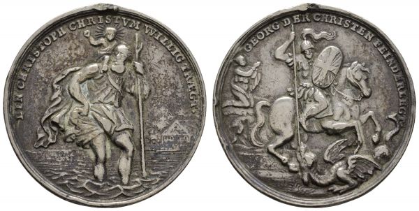 bis 1799 Speyer Bistum Franz Christoph Freiherr von Hutten zu Stolzenberg, 1743-1770 Silbermedaille o. J. (um 1764) Av.: St. Christophorus trägt Jesuskind über Wasser, im Hintergrund Gebäude, Rv.: St. Georg tötet Drache, entfernter Henkel, Randfehler  Ehrend 7/32 17.67 g. ss