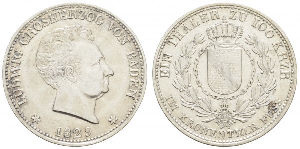 1800 bis 1871 Baden Ludwig, 1818-1830 Taler 1829 Karlsruhe Taler zu 100 Kreuzer im Kronentalerfuß  AKS 53 Thun 18 Kahnt 21 Jaeger 41 Dav. 518 18.07 g. ss-vz