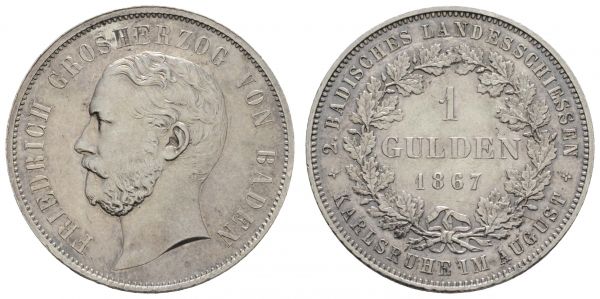 1800 bis 1871 Baden Friedrich I., 1852-1907 Gulden 1867 Karlsruhe auf das Zweite Badische Landesschießen in Karlsruhe  AKS 138 J. 84 10.57 g. vz