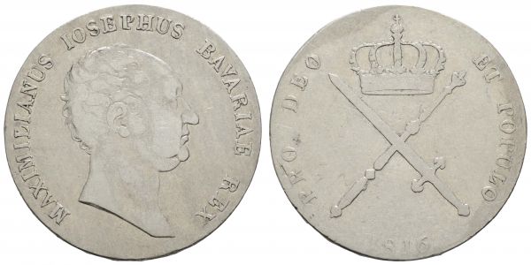 1800 bis 1871 Bayern Maximilian I. (IV. als Kurfürst) Joseph (1799-1805) 1806-1825 Taler 1816 München Randinschrift: BAIERISCHER KRONTHALER  AKS 44 Jaeger 14 Dav. 552 Kahnt 64 Thun 44 ex Sammlung Dr. med. Bruder 29.25 g. ss