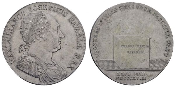 1800 bis 1871 Bayern Maximilian I. (IV. als Kurfürst) Joseph (1799-1805) 1806-1825 Konventionstaler 1818 München auf die bayerische Verfassung (Charta Magna Bavariae), vorzügliches Prachtstück  AKS 59 Jaeger 15 Witt. 2595 Dav. 553 Thun 45 Stutzmann 172 28.01 g. vz