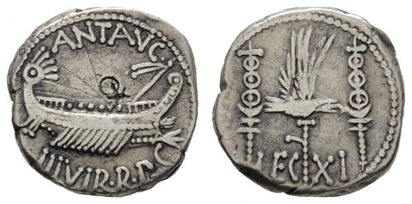 Römer Republik Marcus Antonius, 32-31 v.u.Z. AR Denar Patras ? Av.: Galeere, Rv.: LEG XI, Punze  Cr. 544/25 Syd. 1229 Ex Busso Peus 3.55 g. ss